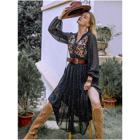 floral print embroidered dot long sleeve dress - Picture 2 of 6